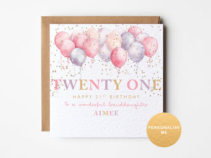 Birthday card with pink and purple balloons and text on a white background