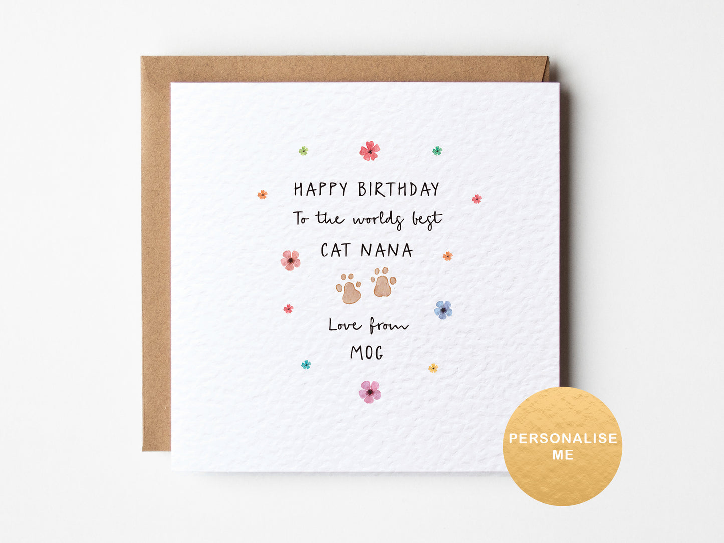 Greeting card with 'Happy Birthday to the world's best cat nana' text on a white background