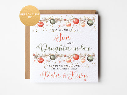 Christmas card for a son and daughter-in-law with decorative elements on a white background