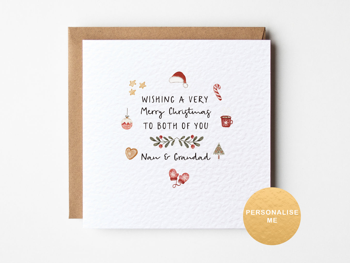 Christmas card with decorative text and illustrations on a white background