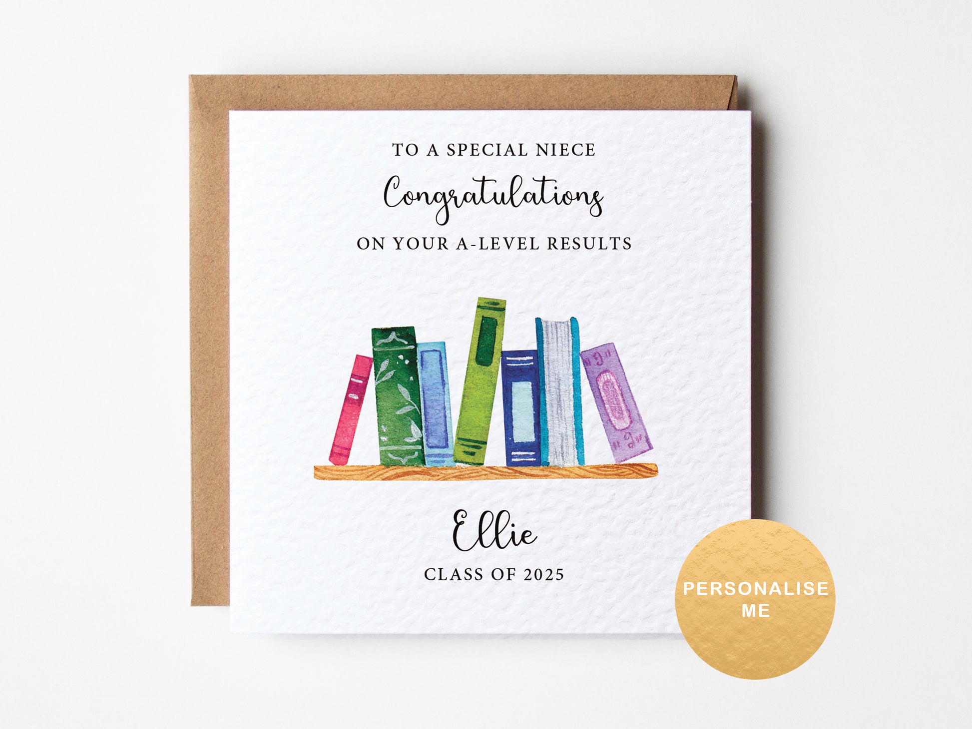 Greeting card with colorful books illustration and personalized text on a white background