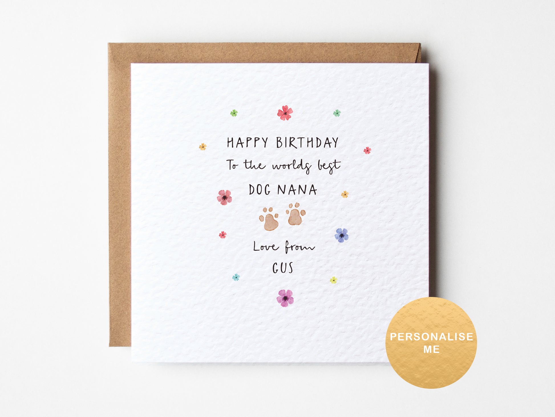 Greeting card with 'Happy Birthday to the world's best dog nana' text on a white background