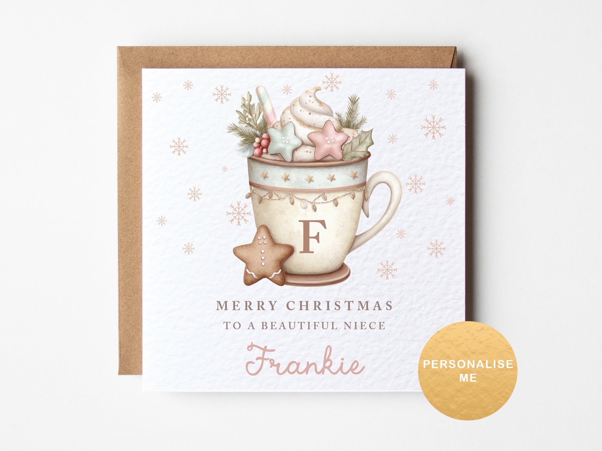 Christmas card with a mug of hot chocolate, cookies, and stars on a white background