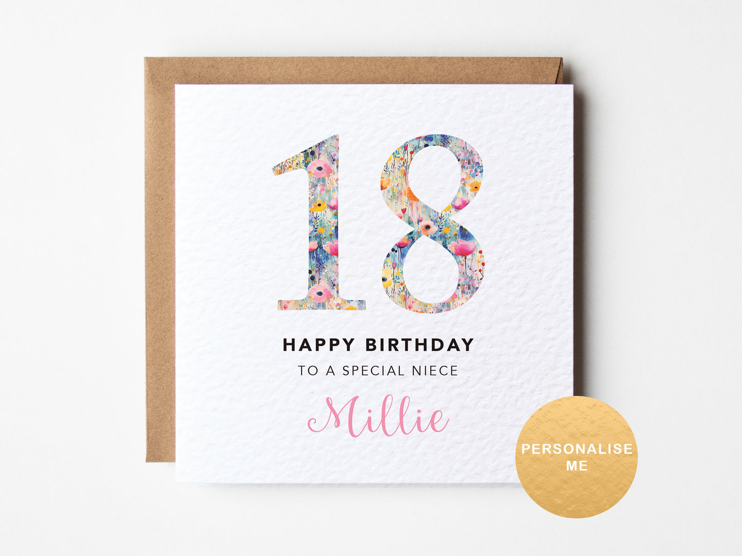 18th birthday card for a special niece with floral numbers on a white background