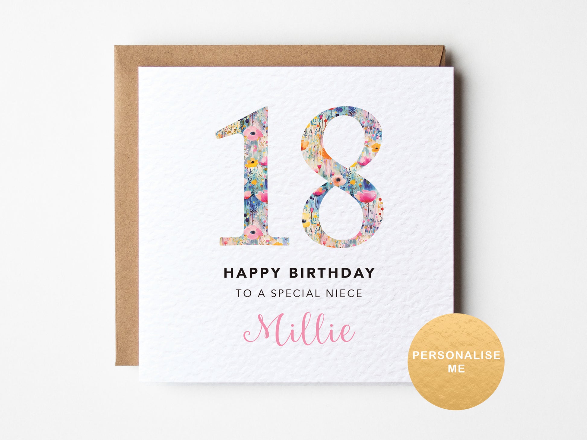 18th birthday card for a special niece with floral numbers on a white background