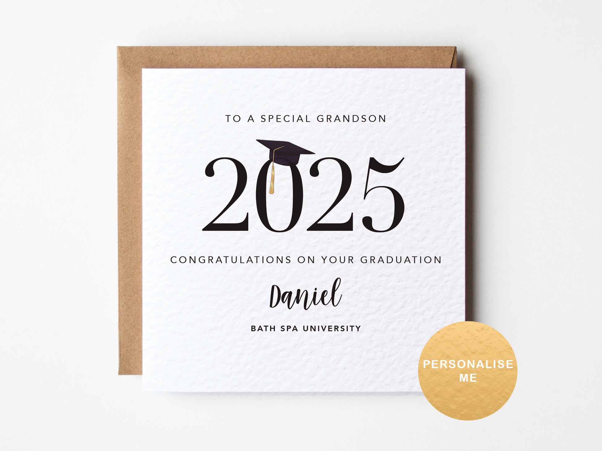 Graduation card for a special grandson with personalized text on a white background