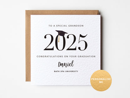 Graduation card for a special grandson with personalized text on a white background