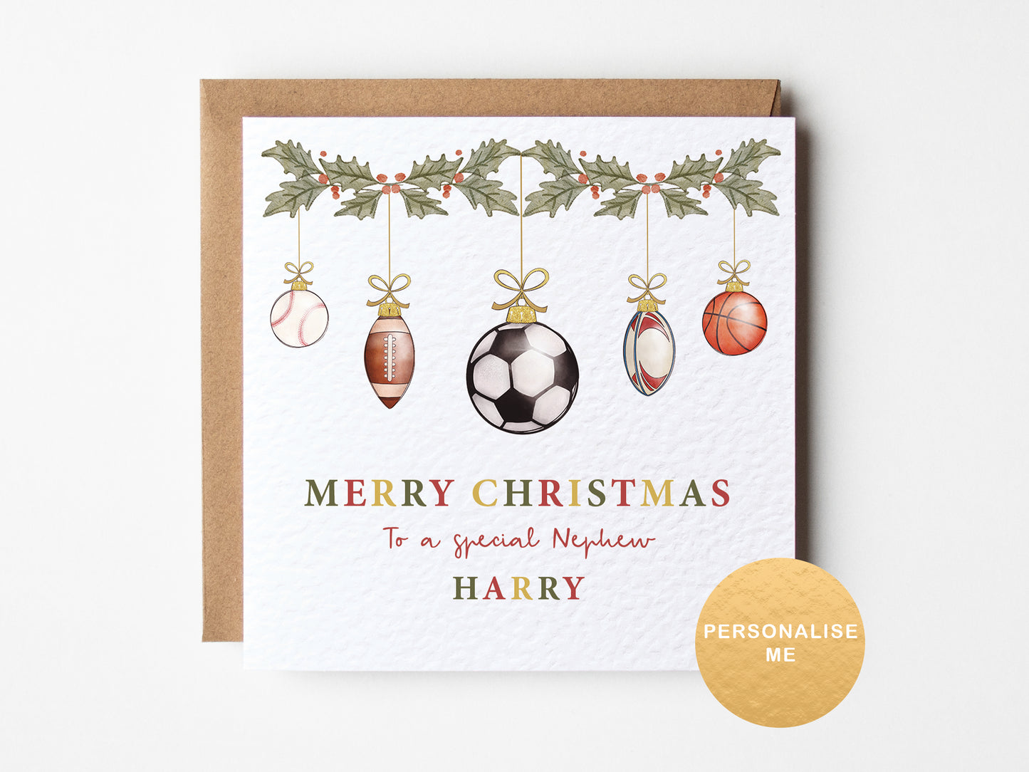 Christmas card with sports-themed decorations and personalized text on a white background