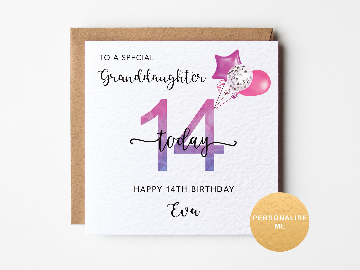14th birthday card for a special granddaughter with balloons and a personalized name on a white background.