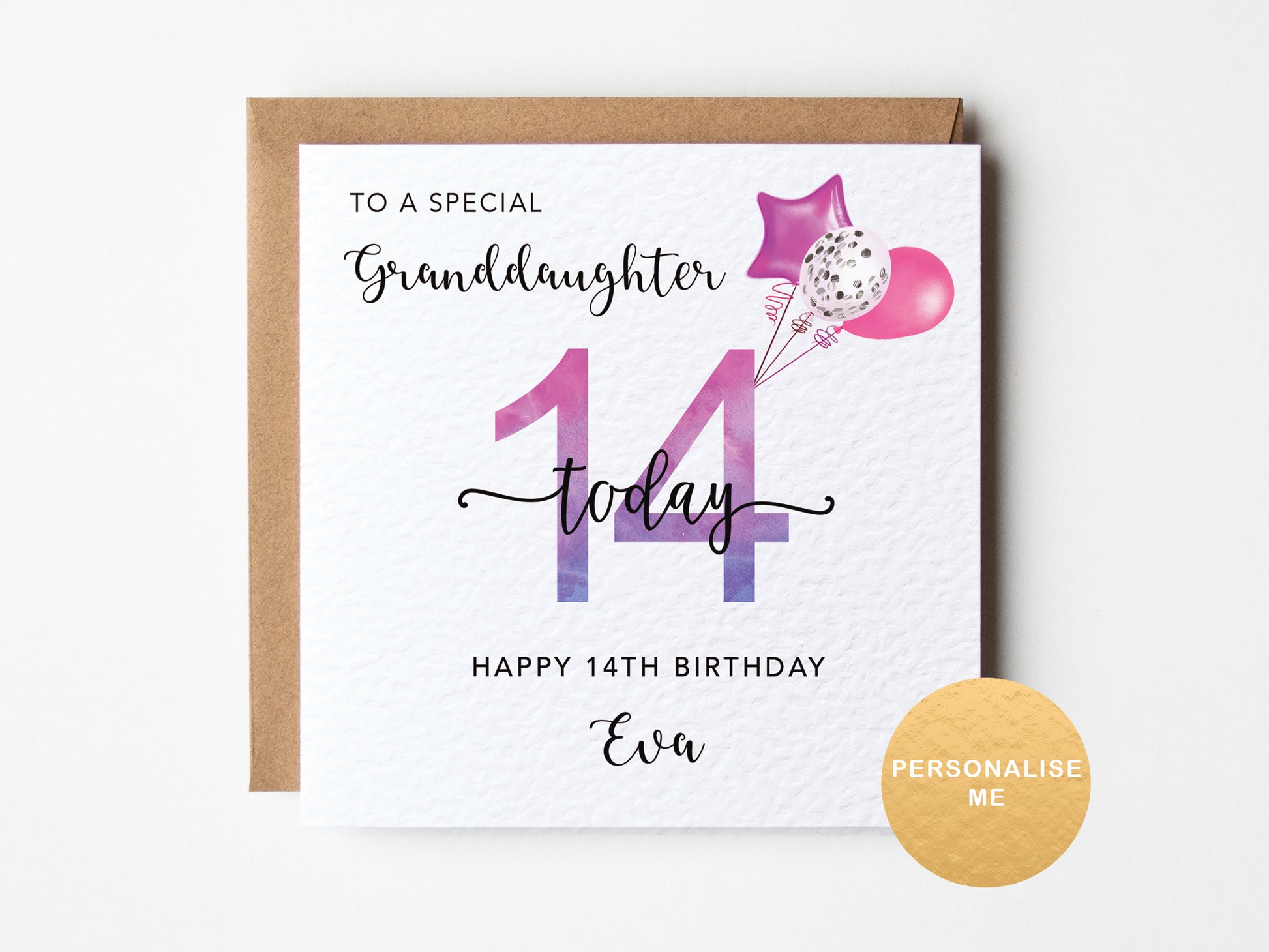 14th birthday card for a special granddaughter with balloons and a personalized name on a white background.