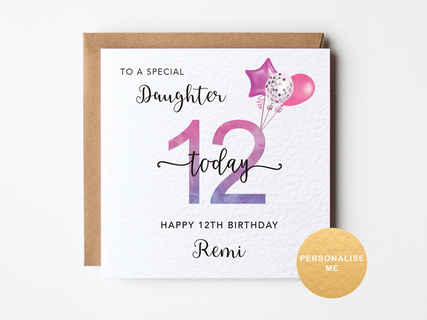 Happy 12th birthday card for a special daughter with pink balloons on a white background