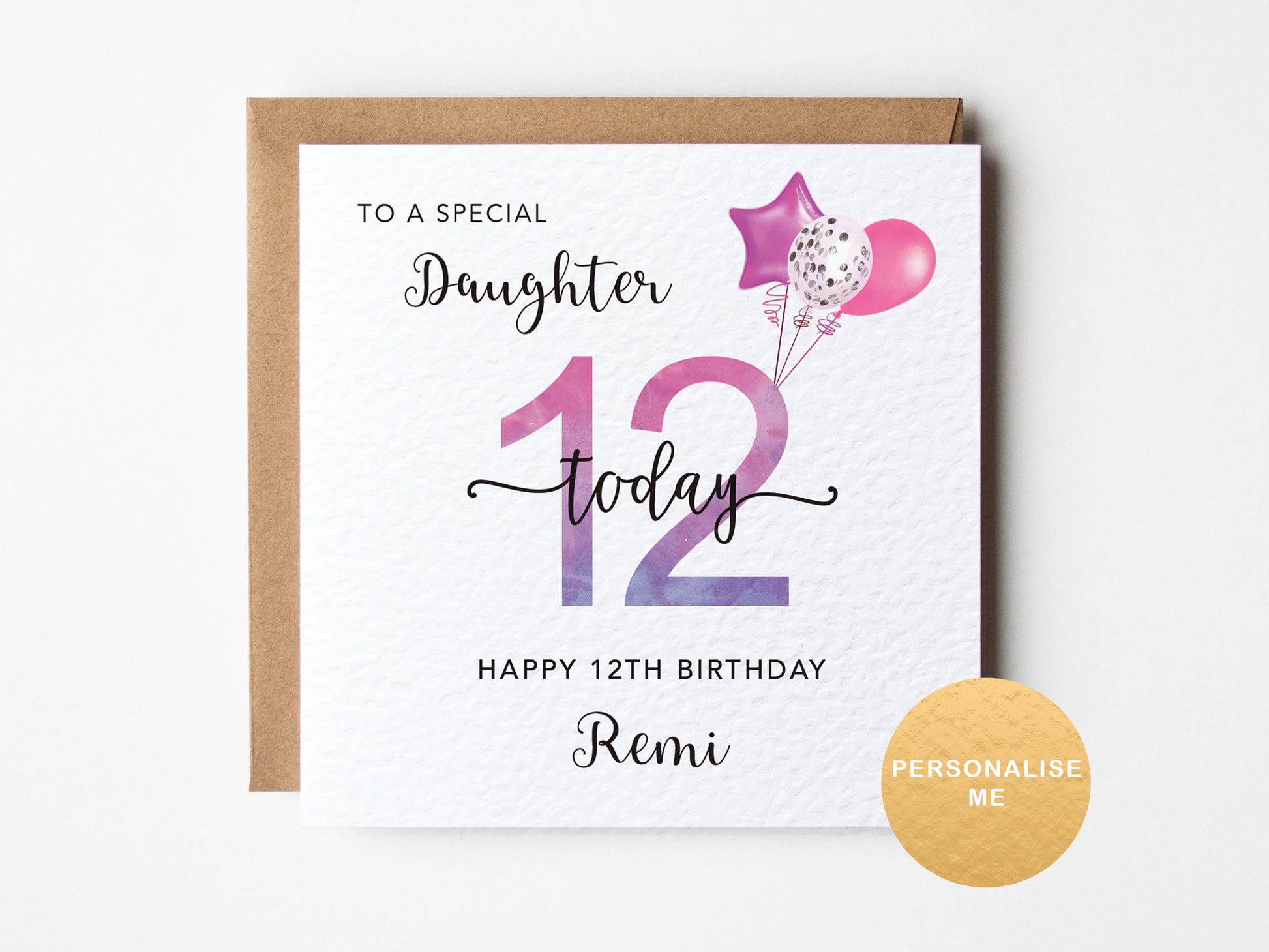 Happy 12th birthday card for a special daughter with pink balloons on a white background