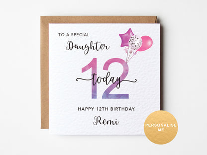 Happy 12th birthday card for a special daughter with pink balloons on a white background
