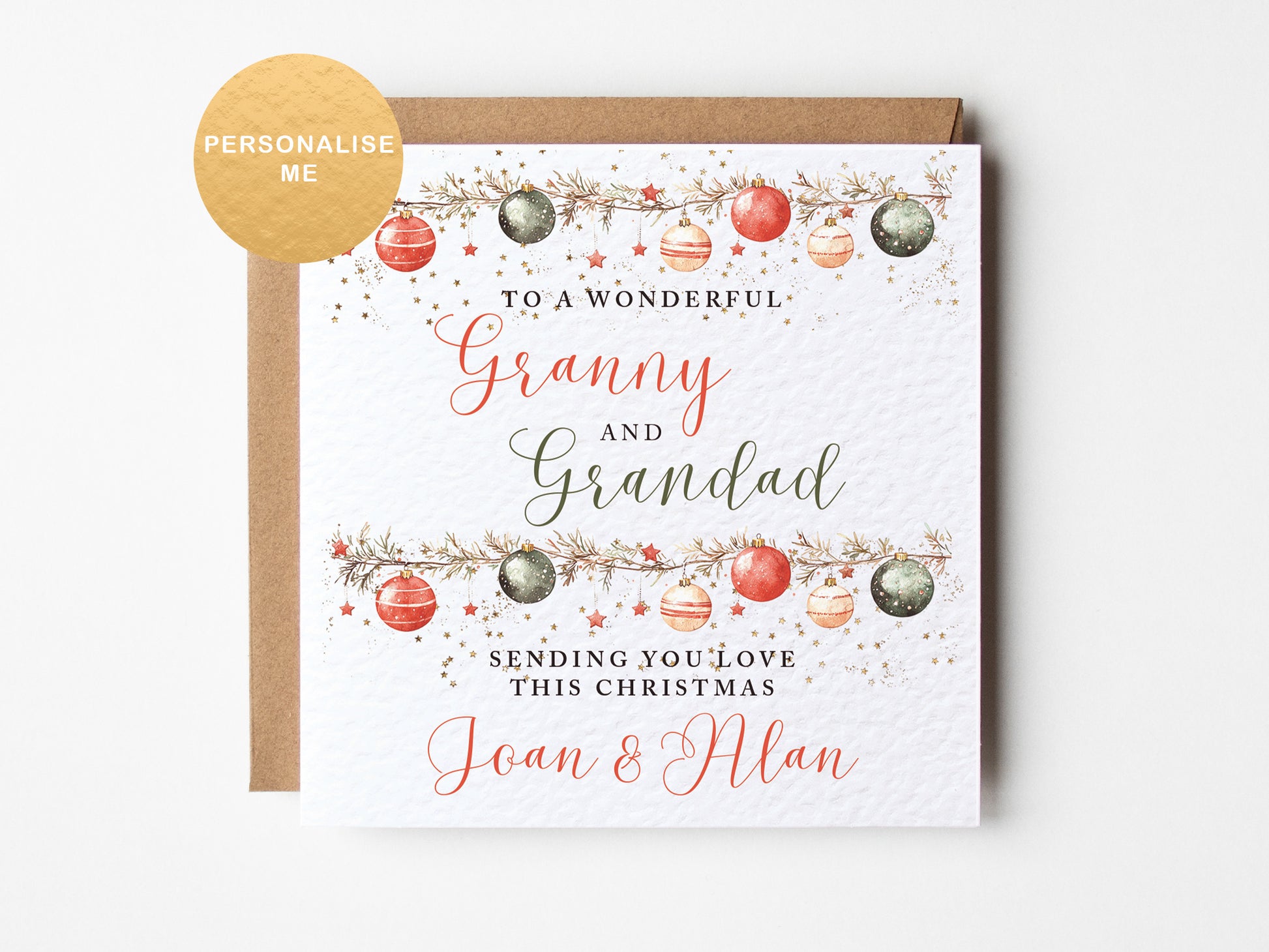 Personalized Christmas card for Granny and Grandad with decorative elements on a white background