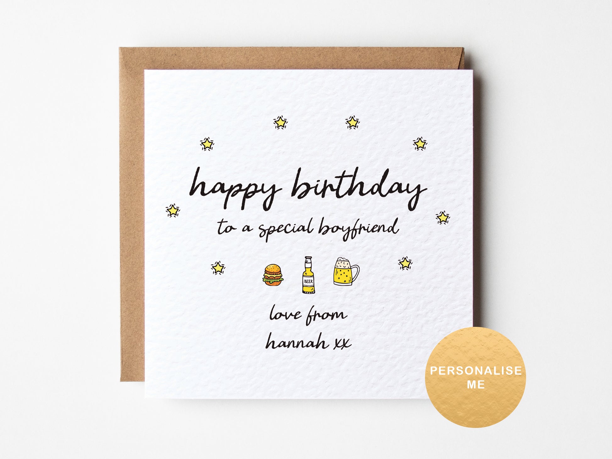 Birthday card for a special boyfriend with illustrations and personalized text on a white background.