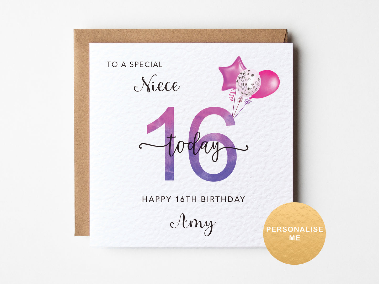 16th birthday card for a special niece with balloons and personalized text on a white background.