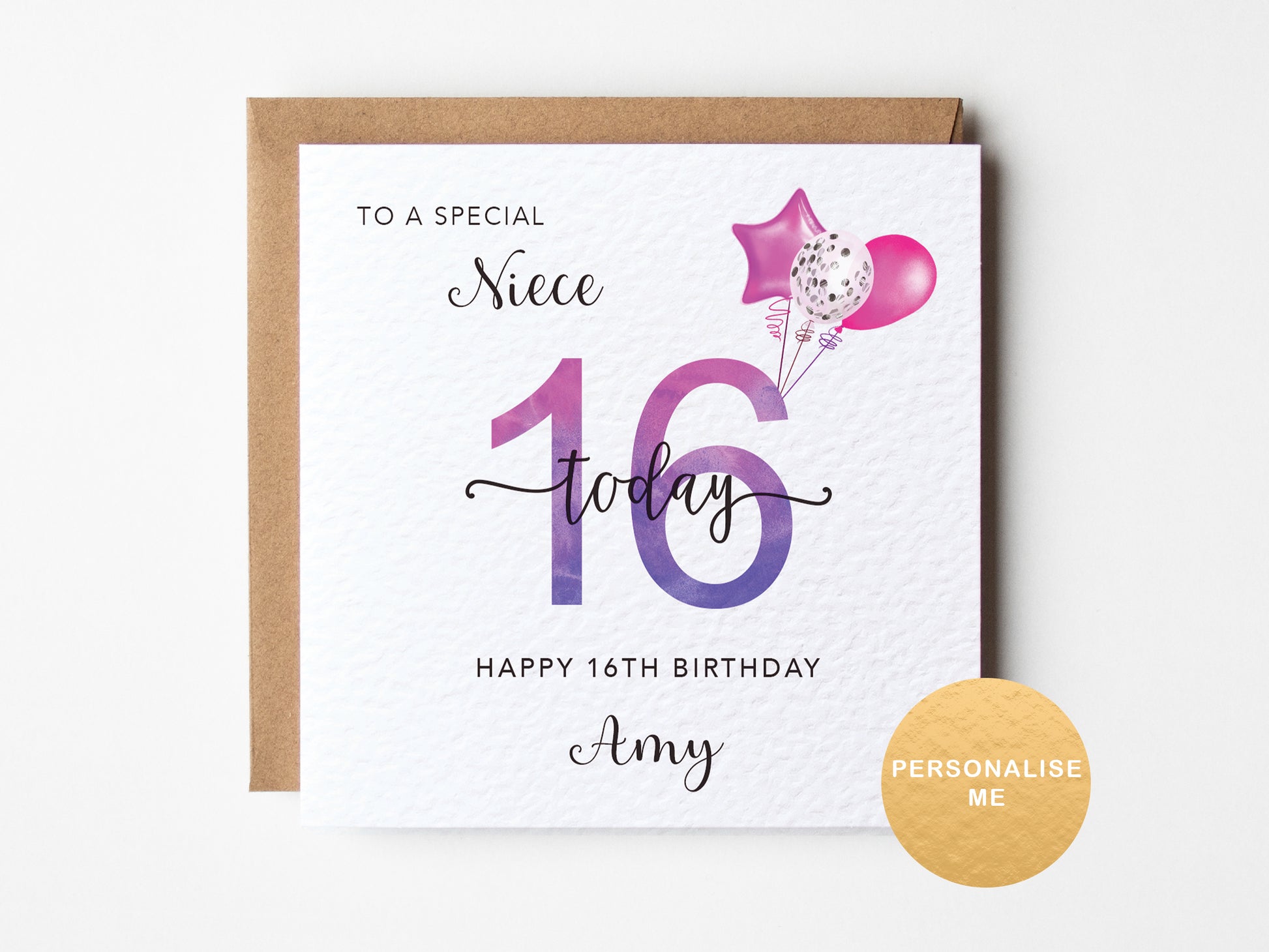 16th birthday card for a special niece with balloons and personalized text on a white background.