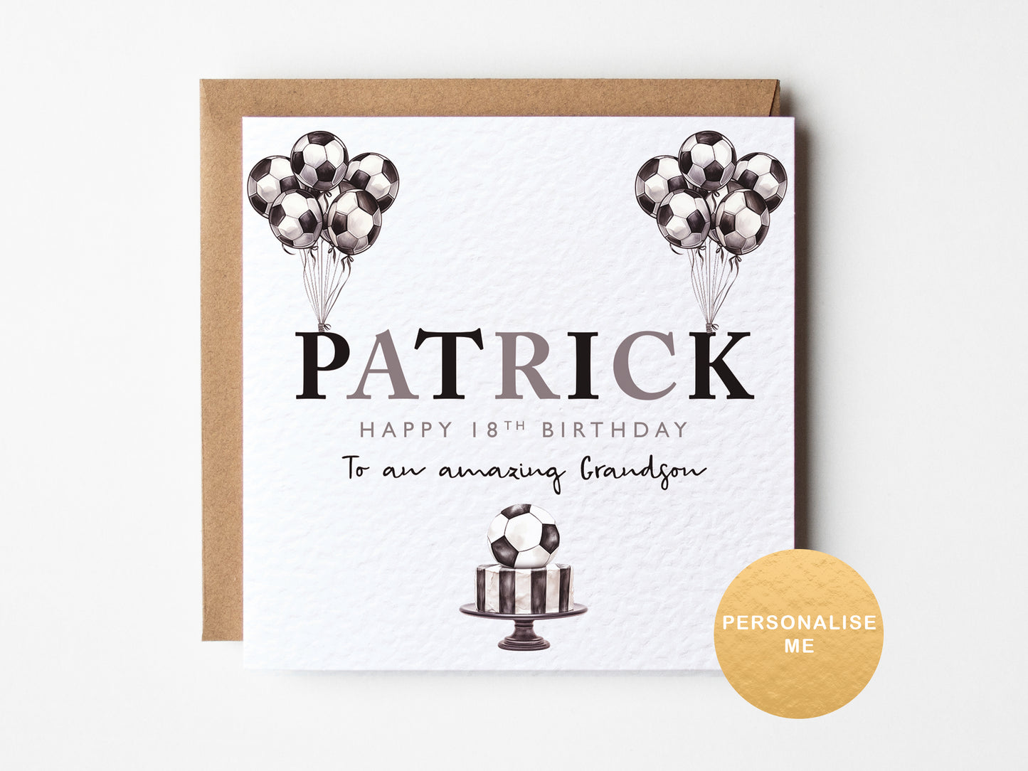 Personalised birthday card with balloons in the style of a football. 