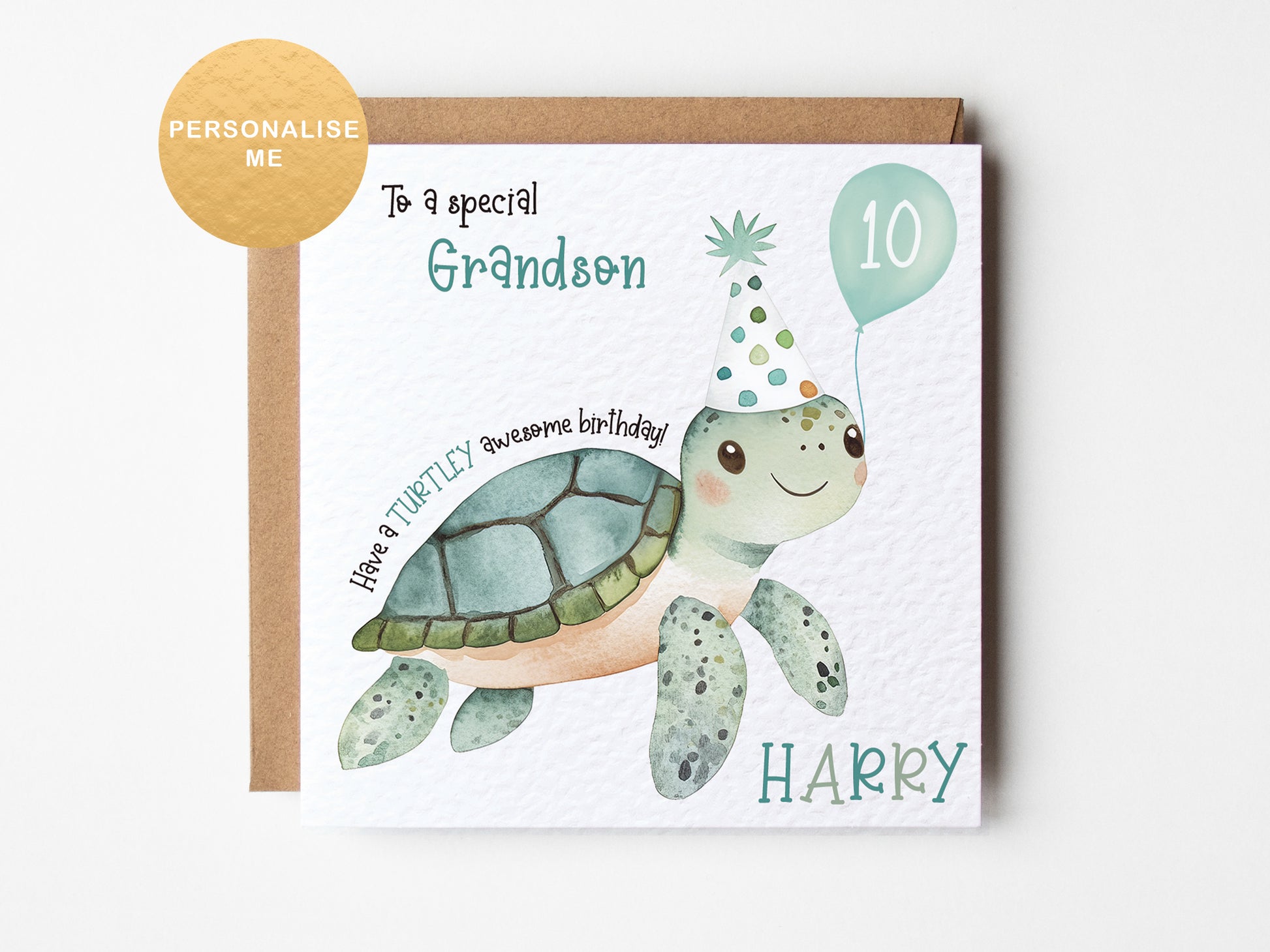 Birthday card with a turtle illustration and personalized text on a white background
