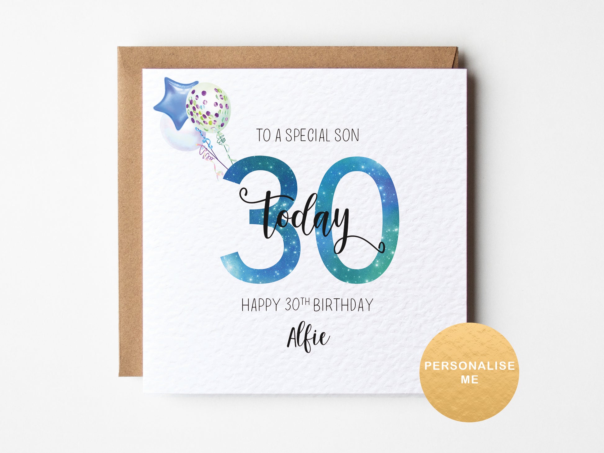 Birthday card for a special son with colorful text and balloons on a white background