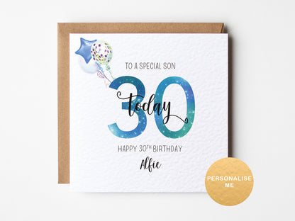 Birthday card for a special son with colorful text and balloons on a white background