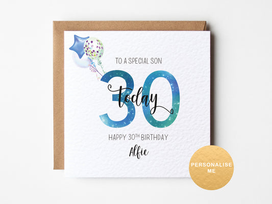 Birthday card for a special son with colorful text and balloons on a white background