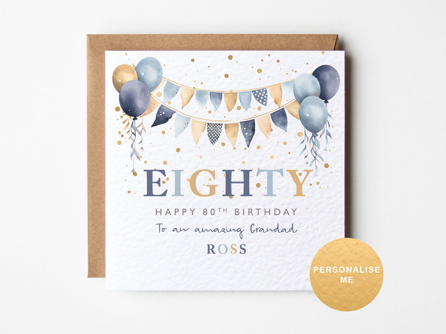 80th birthday card with balloons and personalized text on a white background
