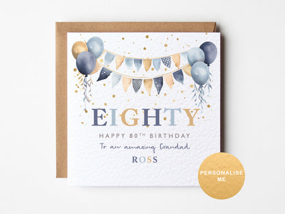 80th birthday card with balloons and personalized text on a white background