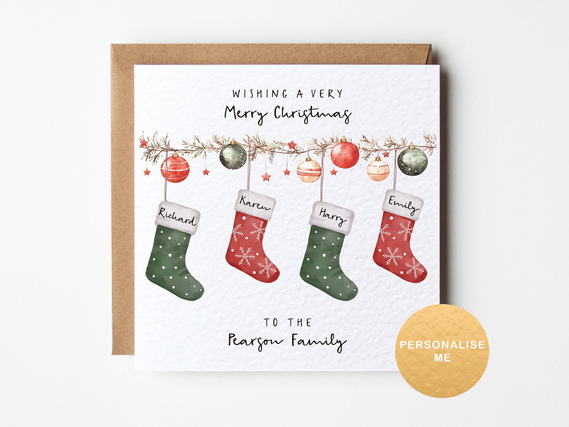 Personalized Christmas card with stockings and ornaments on a white background