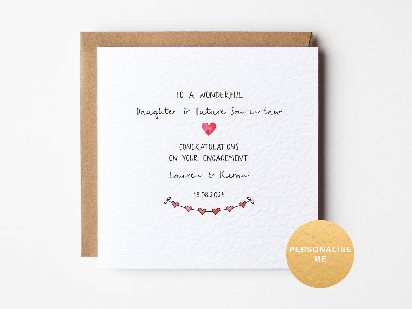 Engagement card for a daughter and future son-in-law with personalized text on a white background.
