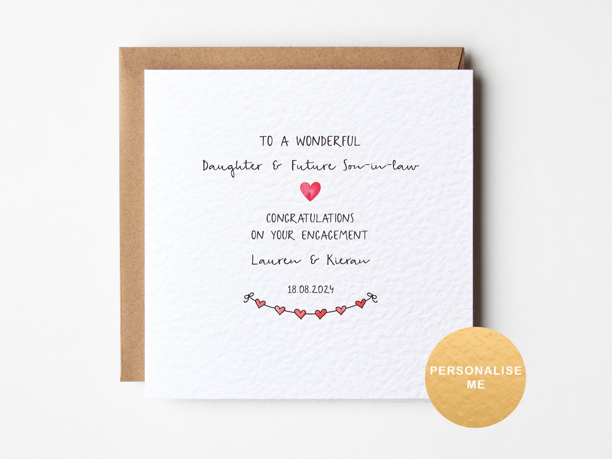 Engagement card for a daughter and future son-in-law with personalized text on a white background.