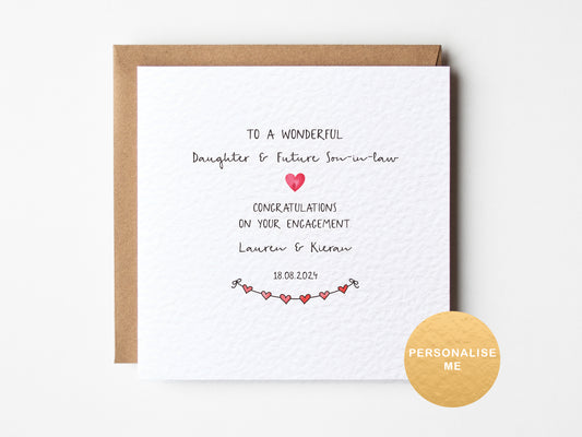 Engagement card for a daughter and future son-in-law with personalized text on a white background.