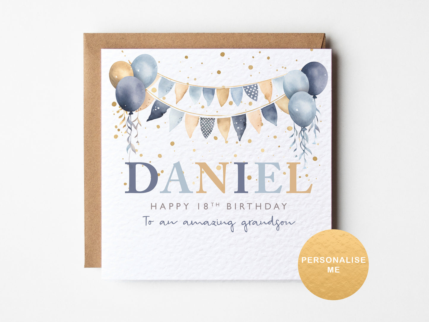 Birthday card with balloons and personalized text on a white background