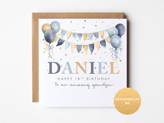 Birthday card with balloons and personalized text on a white background