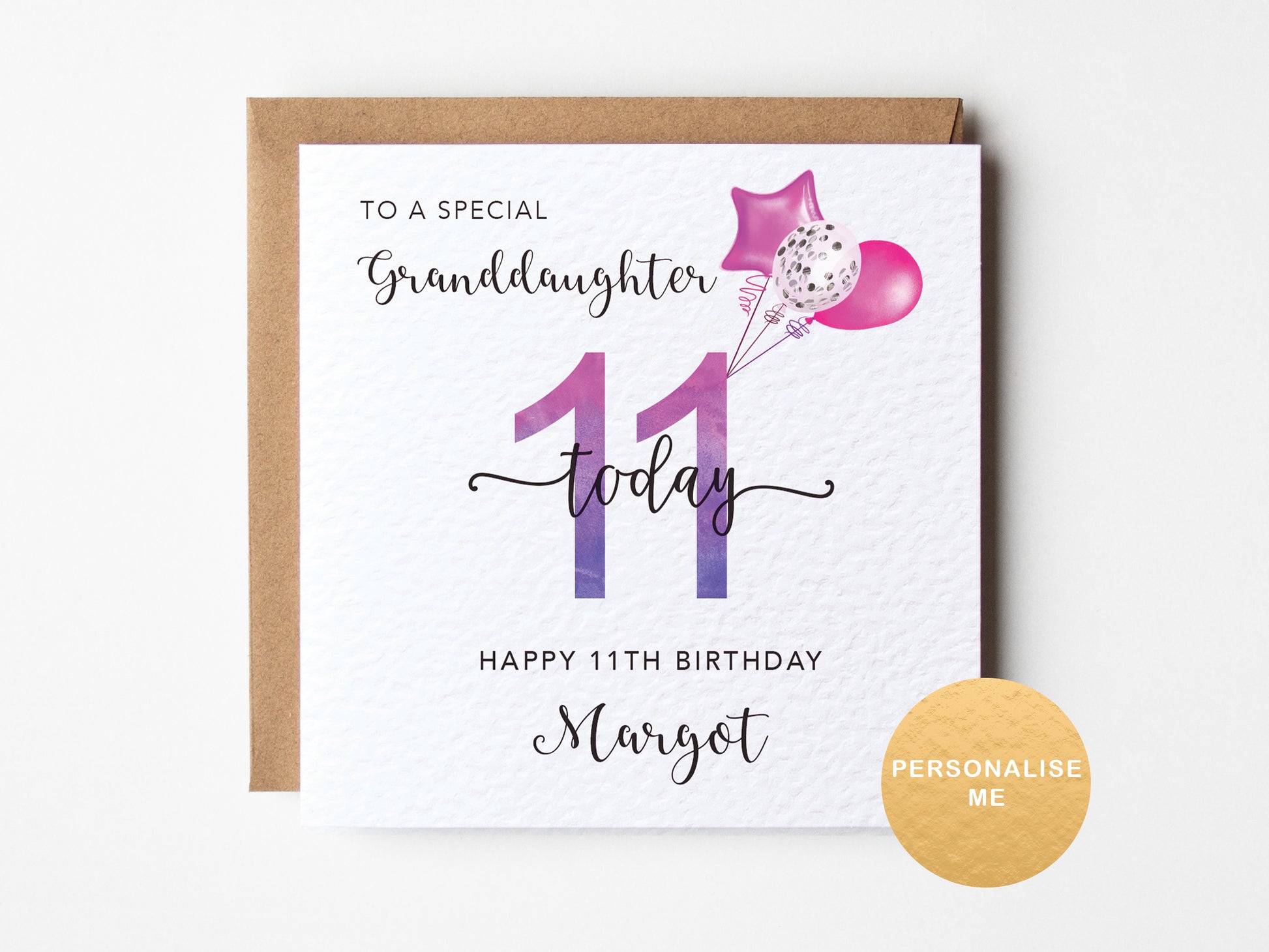 11th birthday card for a special granddaughter with balloons on a white background