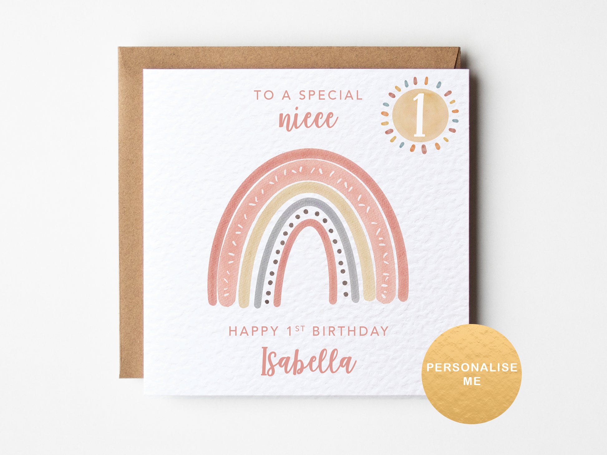 Birthday card  with rainbow design and personalised text on a white background.
