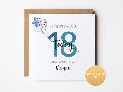 18th birthday card for a special grandson with balloons and text on a white background