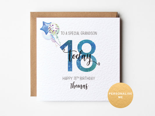 18th birthday card for a special grandson with balloons and text on a white background