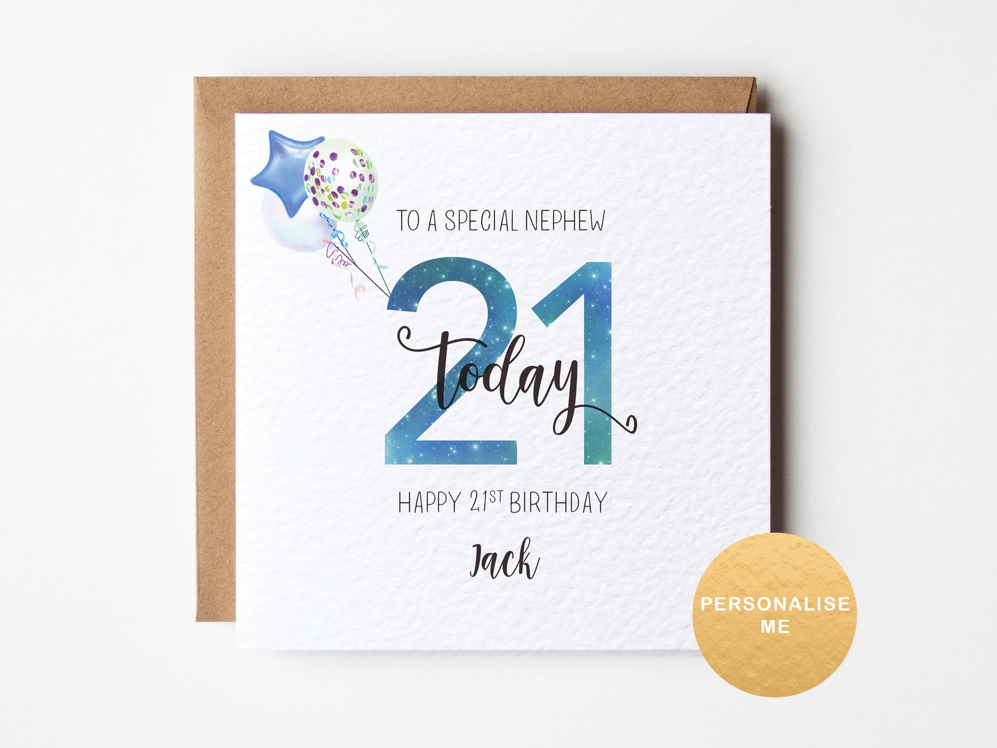 Greeting card for a special nephew's 21st birthday with balloons and text on a white background.