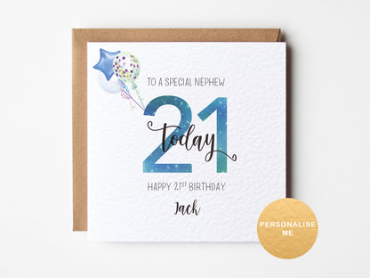 Greeting card for a special nephew's 21st birthday with balloons and text on a white background.
