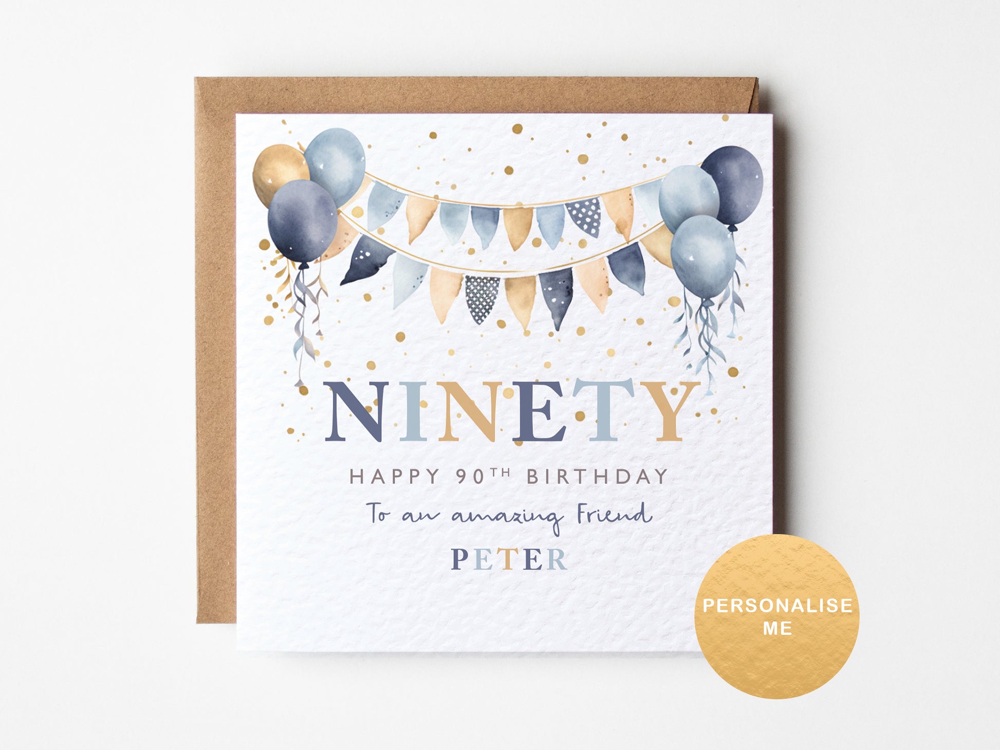 90th birthday card with balloons and bunting design on a white background