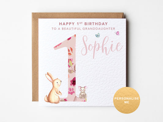 Personalised 1st birthday card for girl with floral number 1 and woodland animals