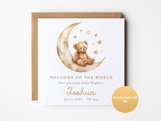 Personalised neutral new baby card with teddy bear on moon and stars, customised with name, birth date and weight details