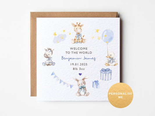 Personalised new baby boy card with cute animal illustrations, name, birth date and weight details