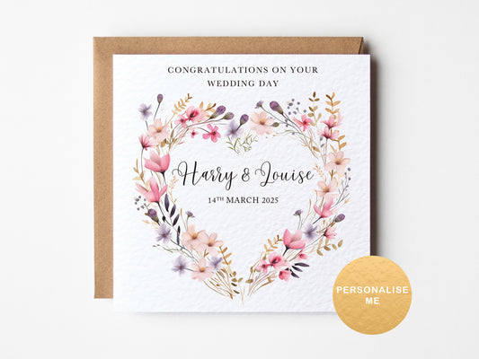 Wedding card with floral design and personalized text on a white background