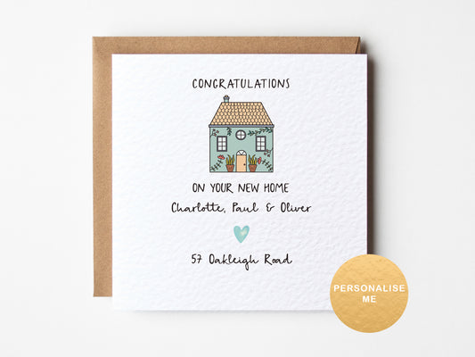 Personalised new home card with illustrated house, names and address, congratulations on your new home design