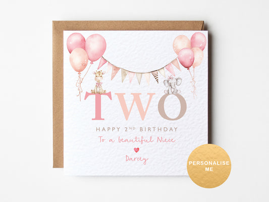 Personalised 2nd birthday card for girl with pink balloons, bunting and custom name for daughter, niece or granddaughter