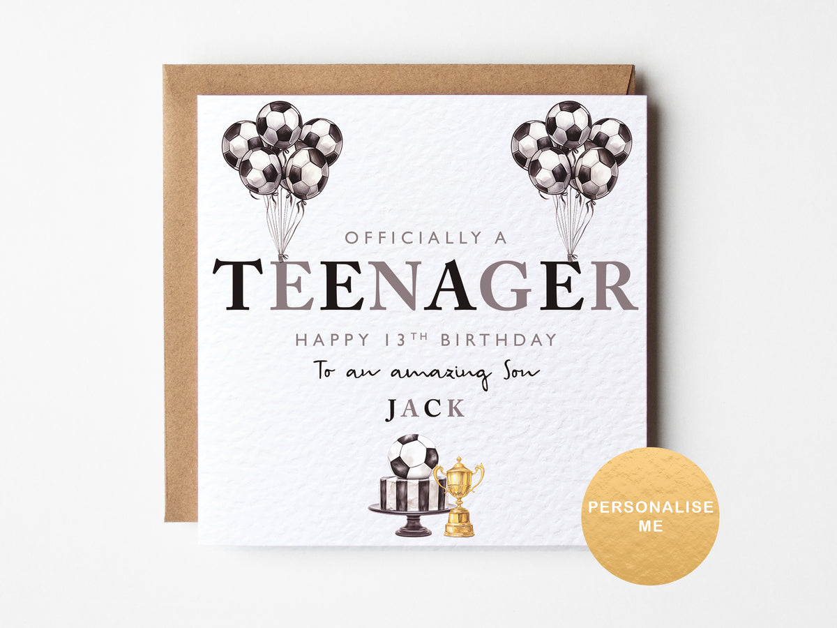 Personalised football 13th birthday card for grandson, son, nephew, brother, godson