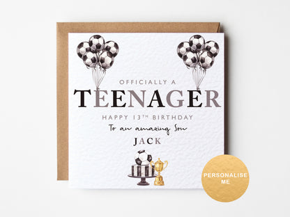 Personalised football 13th birthday card for grandson, son, nephew, brother, godson