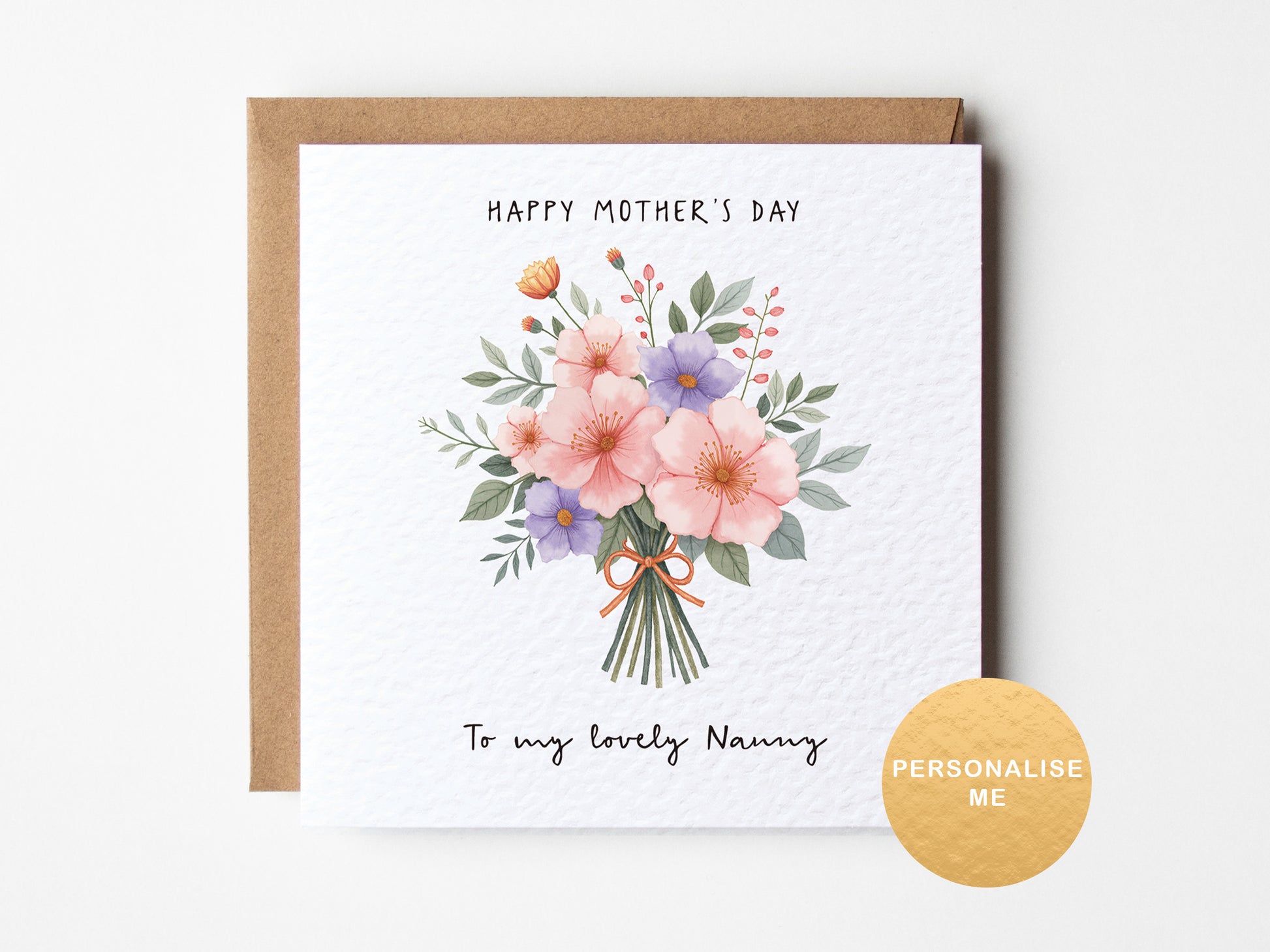 Personalised floral Mother’s Day card featuring pastel bouquet, customised for Nanny